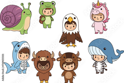 Children in animal costumes cartoon set, playful character illustration, colorful dress-up design, kids party outfit vector, educational theme graphic, costume collection