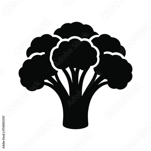 Black silhouette of a broccoli head with a thick stem and florets on a white background vegetable.