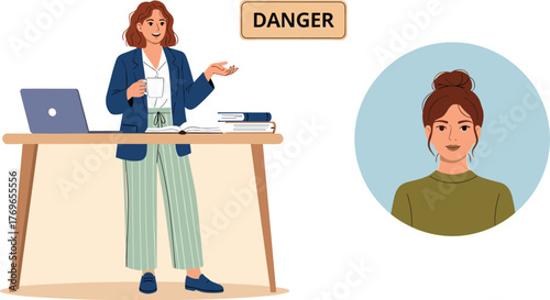 Female Professional Presenting Danger Concerns During Online Meeting at Home Office, Explaining Risks and Warnings, a Conceptual Vector Illustration for Business Education and Healthcare Safety (Moder