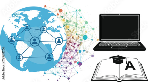 Global Online Education Network Connecting People Worldwide via Laptop for Digital Learning, Academic Study, and Remote Courses - A Modern Technology Concept for Business Presentations and Website Gra