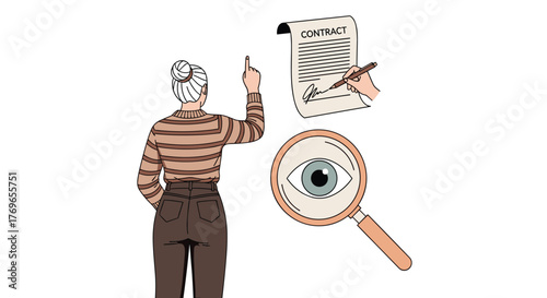 Woman Reviewing Contract Agreement with Magnifying Glass Under Scrutiny for Business Deal, Legal Review Process, Diligence, and Corporate Compliance in Modern Presentation Style Illustration (199/200)