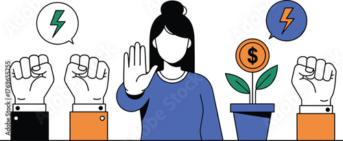 Empowered Woman Halting Unfair Energy Demands & Promoting Sustainable Investment: Illustration Depicts a Determined Individual Championing Green Initiatives & Economic Justice Against Powerful Interes