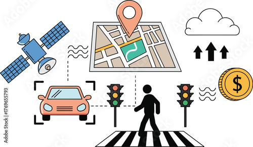 Autonomous Vehicle Navigating Urban Crosswalk with Pedestrian Using GPS and Traffic Signals, Illustrating Smart City Technology and Cloud Computing, Suitable for Transportation, AI, and Financial Grow
