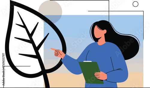 Professional Woman Analyzing Plant Growth and Sustainability, Pointing at Leaf in Modern Office Environment for Environmental Science Presentation & Eco-Friendly Business Marketing Materials, Illustra