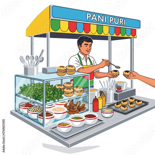 Pani Puri Indian Street Food Stall Vendor Serving Traditional Snacks Market Illustration