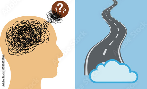 Confused Mind Navigating Life's Journey, Exploring Decisions and Directions Amidst Uncertainty on a Winding Road to Clarity, Representing Mental Health Challenges, Problem-Solving, and Guidance, Ideal