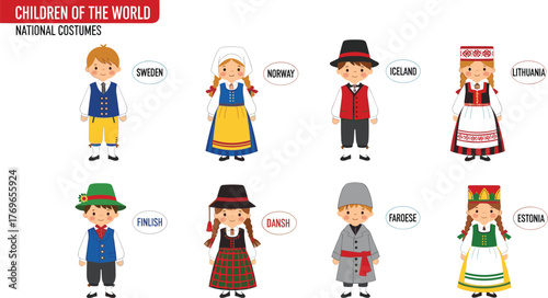 Children in traditional national costumes, cartoon character set, cultural attire illustration, global diversity concept, educational vector graphic, international heritage clothing