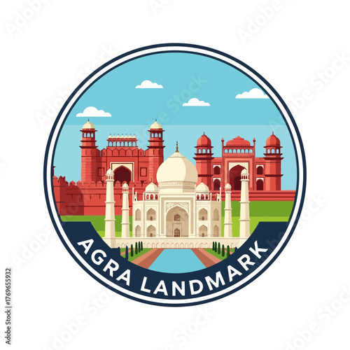 Agra Landmark Badge With Taj Mahal And Red Fort Architecture Cultural Tourism Illustration