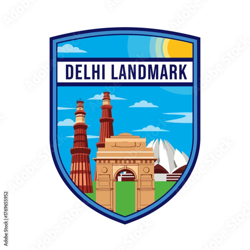 Delhi Landmark Shield Badge With Historic Monuments For Travel And Tourism Illustration