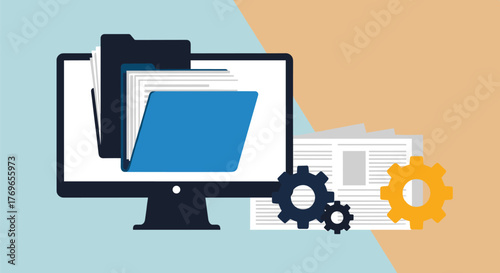 Automated Document Management System Integration Showing Folder Organization on Computer Display for Efficient Workflow, Digital Transformation and Productivity Enhancement, Technology Illustration on