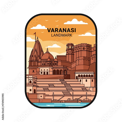 Varanasi Ganga Ghats Landmark Badge With Ancient Temples And Holy City Architecture