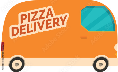 Side view of an orange pizza delivery van delivering food
