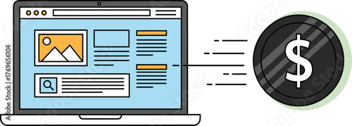 Laptop Showing Online Business Transaction, Making Money Transfer, Earning Profits Concept with Coin Flying Out of Screen, Illustrating Digital Commerce & Financial Success in Modern Tech (197/200)