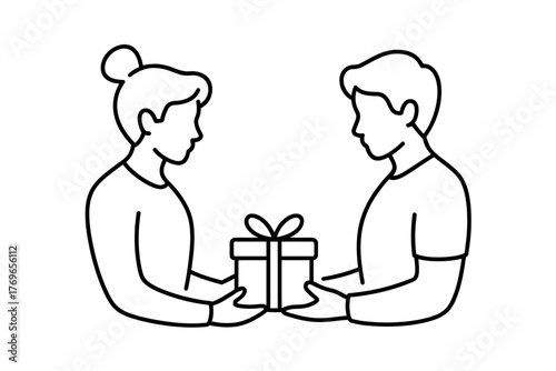 Line drawing of person giving a gift to another person in black and white