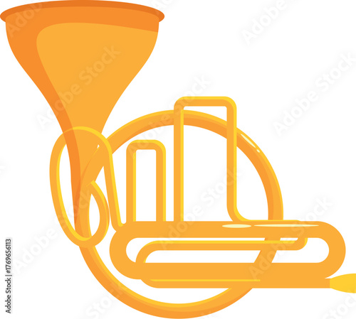 Golden french horn creating sound waves, brass instrument for musical performance
