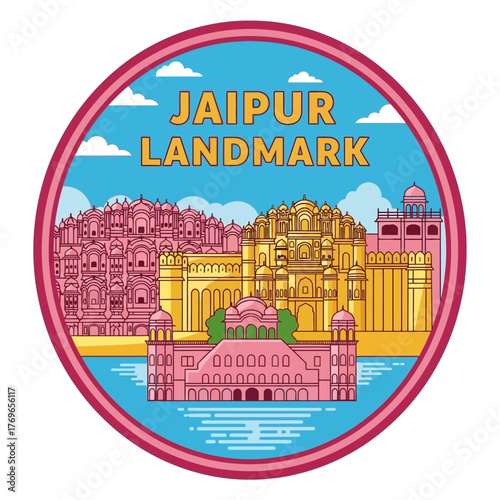 Jaipur India Landmark Badge With Famous Pink City Architecture And Cultural Heritage Illustration