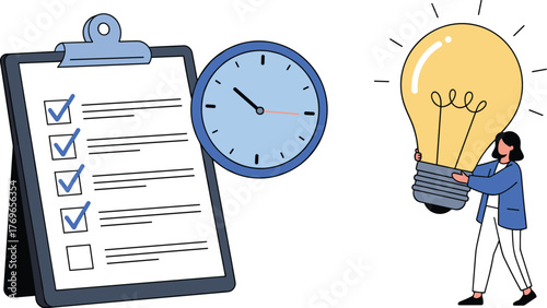 Businesswoman Holding a Bright Idea Lightbulb Next to a Project Task List Clipboard and Clock Representing Time Management and Efficiency in a Modern Professional Environment for Presentation Design U