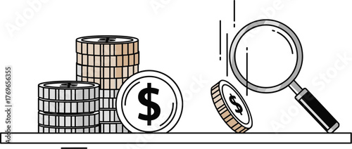 Analyzing Finances with a Magnifying Glass on a Shelf: A Detailed Look at Currency Stacks, Exploring Financial Health and Investment Opportunities in a Professional, Modern Environment for Business Pl