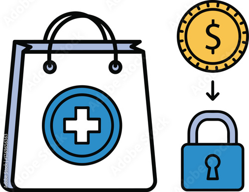Pharmacy Purchase Security Concept Illustrating Financial Protection for Healthcare Products & Services, Protecting Medical Spending, in a Secure Financial Transaction, with Vector Icon Style for Pres
