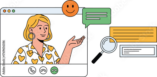 Friendly Businesswoman Engaging in a Virtual Video Conference Call, Offering Support and Solutions in a Modern Tech Environment, Ideal for Presentations, Marketing Materials, Websites, and Customer Se