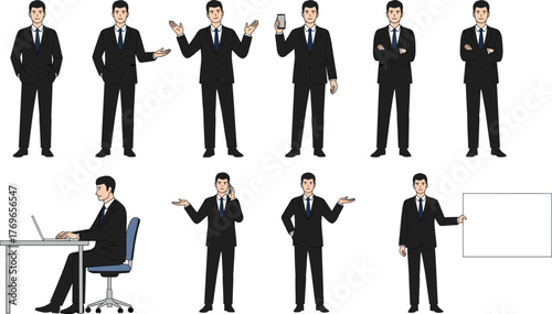 Cartoon businessman in black suit performing office tasks and gestures, vector illustration for workplace behavior, tech use, and presentation themes