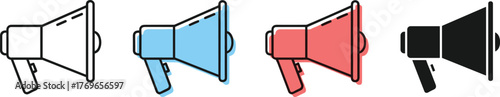 Megaphone icon set, colorful communication symbols, black outline vector, alert and announcement graphic, public message design, social media notification icons