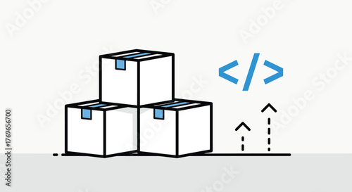 Software Delivery Process Illustrating Modern Agile Development in a Technological Startup: Boxes Stacked Up,  Code Symbol, Arrows Pointing Upwards for Continuous Integration/Continuous Delivery (CI/C