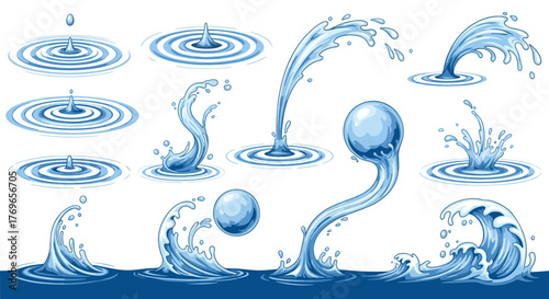 Dynamic Water Splash Collection Cascading and Rippling on a Blue Liquid Surface - Ideal for Hydration, Refreshment Concepts and Environmental Conservation in Marketing, Advertising, and Presentations
