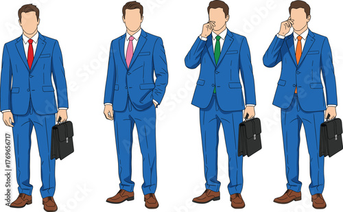 Cartoon businessmen in blue suits with briefcases and gestures, vector illustration for professional attire, workplace behavior, and office themes
