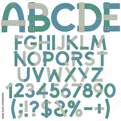Font, alphabet, letters, numbers and signs from wooden boards in sea colors. Isolated vector objects on white background.