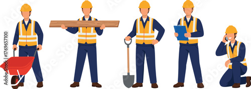Cartoon construction workers performing various tasks with tools and safety gear, vector illustration for labor, teamwork, and site operations