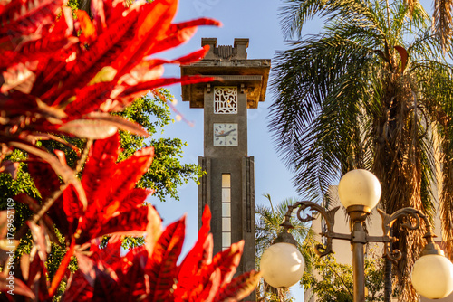 Detalhe da torre do relógio em estilo Art Deco na  Avenida Goiás em Goiânia, emoldurado por plantas de folhas vermelhas em um dia claro e ensolado.
