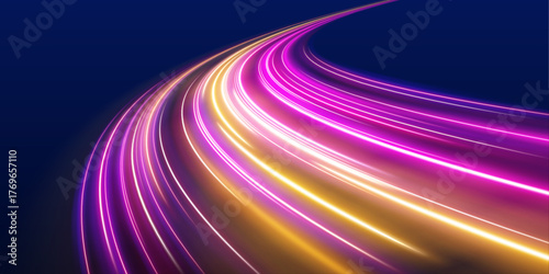 PNG glowing pink light trails twist through dark futuristic roads. Motion blur enhances the energy and vibrant speed effect. Perfect for technology visuals.