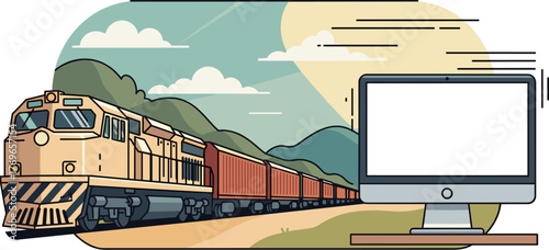 Modern Logistics Computer Setup Displaying Train Transportation and Freight Delivery, Illustrating Cargo Shipping Solutions for Global Supply Chain Management in a Business Presentation, Website Mocku