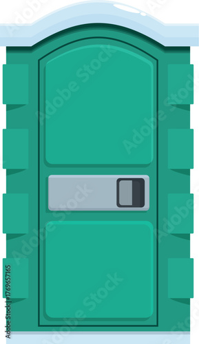 Green portable toilet covered by the snow, ready for winter season