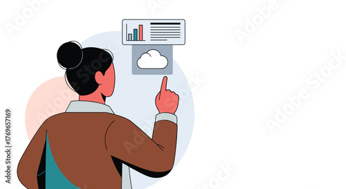 Woman Analyzing Cloud Data Insights for Business Growth, Presenting Financial Statistics & Analytics Dashboard, Engaging with Modern Tech & Innovation Strategy for Marketing Presentation & Website, Da