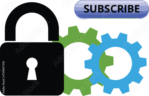 Black Padlock Securing Green and Blue Gears with Subscribe Button Floating, Signifying Data Protection, Security Mechanisms, and Gated Access for Online Platforms, Subscriptions Management, Tech Solut