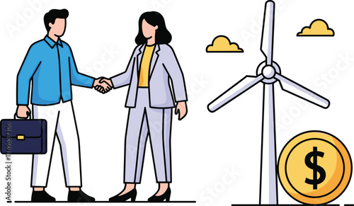 Business Partners Shaking Hands on Green Energy Investment Deal Near Wind Turbine, Representing Renewable Finance and Collaboration, Modern Partnership for Sustainability Initiatives, Environmentally