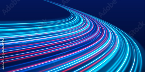 Long exposure of motorways as speed. Neon spiral lines in yellow blue and purple colors. Image of speed motion on the road.	