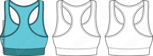 Sports bra back view illustration, racerback design template, scoop neckline and wide band, fashion flat sketch, athletic wear vector, garment layout