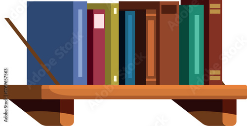 Wooden bookshelf is holding colorful books and a bookend