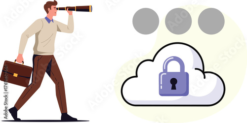 Businessman with Spyglass Foresight on Cloud Data Security: Strategic Vision for Modern Technology, Secure Cloud Computing Future, Data Protection Strategy, Business Presentation Visual, Corporate Sec