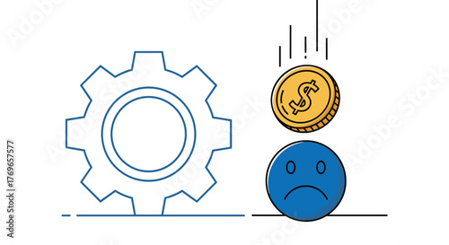 Losing Money in Automated Systems: A Conceptual Illustration of Financial Downturn, Depression and Technical Debt Crisis in Modern Business with Falling Dollar Coin Affecting a Sad Character Beside a