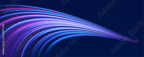 Big data traffic visualization, dynamic high speed data streaming traffic. Neon color glowing lines background, high-speed light trails effect. Purple glowing wave swirl, impulse cable lines.	