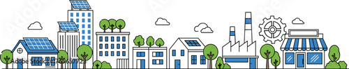 Sustainable Cityscape Illustration Showcasing Eco-Friendly Urban Development with Green Energy Homes and Modern Infrastructure in a Flat Design for Environmentally Conscious Business Presentations and