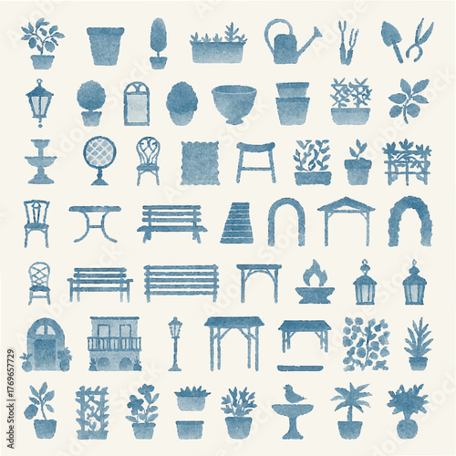 Collection of blue kitchen utensils and cooking tools on white background