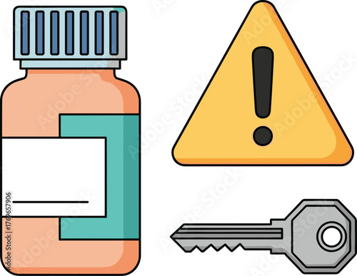 Child Safety Lock: Medicine Bottle Next to Warning Sign and Key Represents Poison Prevention Measures at Home, Ensuring Kids Can't Access Harmful Drugs, Illustrated Icon for Pediatric Healthcare, Phar