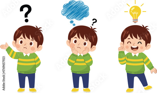 Cartoon boy problem-solving stages, confusion to idea illustration, thinking process concept, educational emotion graphic, creative learning vector, cognitive development artwork