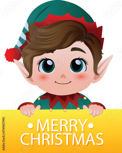 cute christmas elf holding christmas greeting