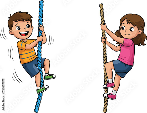 Cartoon boy and girl climbing ropes in colored and black-and-white style, showcasing playful activity and educational character illustration comparison